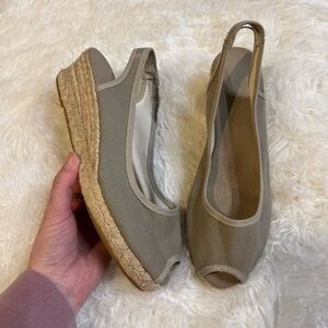 Taupe grey espadrille peep toe wedge sling back sandal size 38